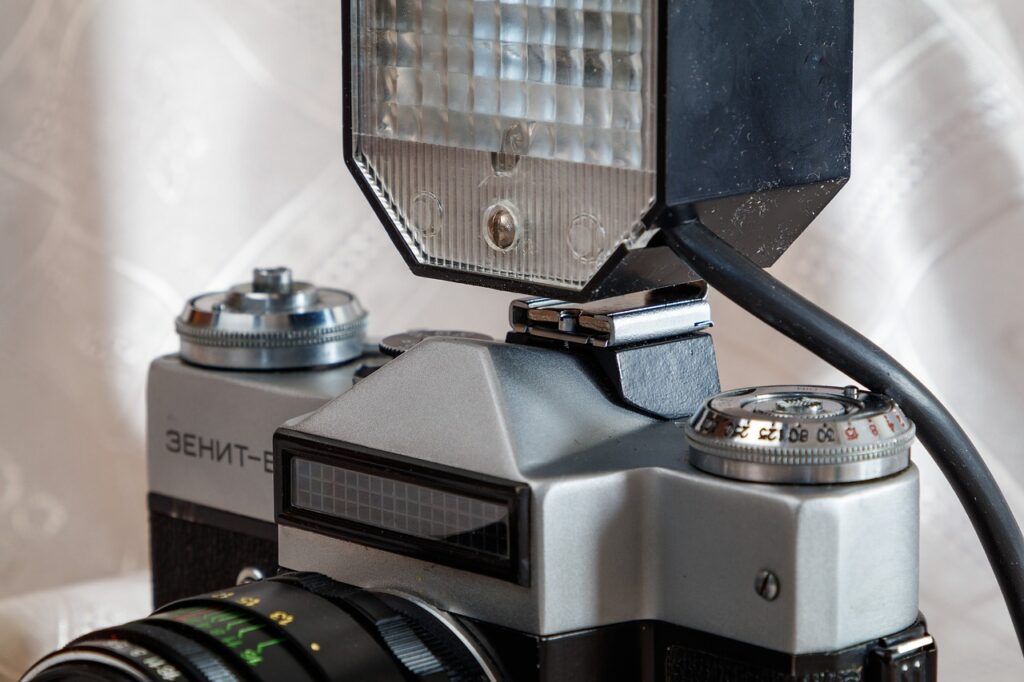 camera, lens, flash, retro, on-camera flash, gate, old camera, rarity, photographic equipment, photo, film